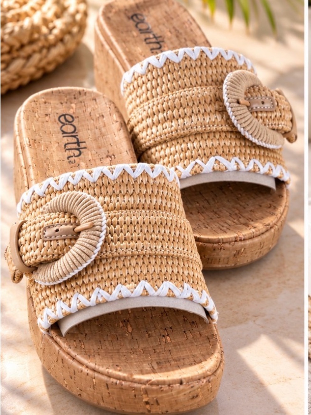 Earth Natural Tan Woven Cork Slide Mules with White Trim